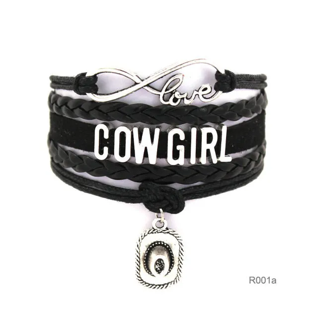 10pcs/lot Infinity Love girls Bracelets Cowgirl Bracelet  Sports Suede pu Leather Cheer Bracelets for women R001- Drop Shipping