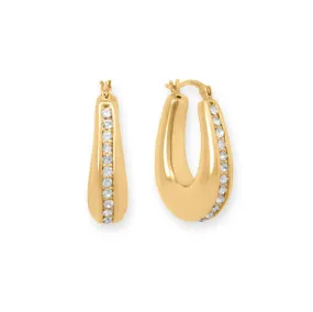 14 Karat Gold Plated Sterling Silver Hollow CZ Oblong Hoop Earrings