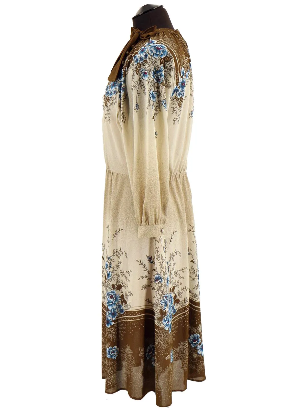 1970s Vintage Brown and Blue Floral Dress