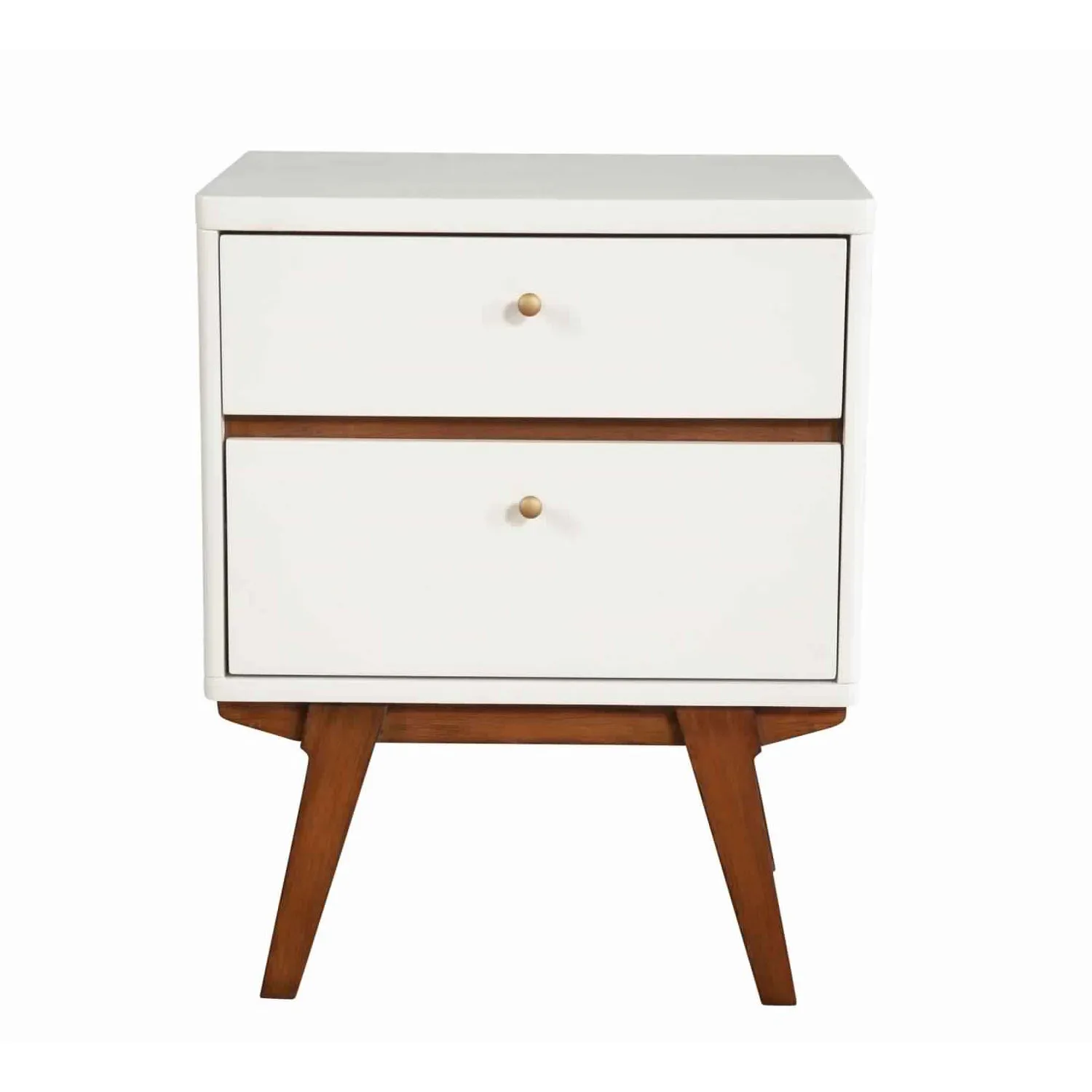 2 Drawer Wooden Nightstand With Angled Legs, White And Brown By Benzara