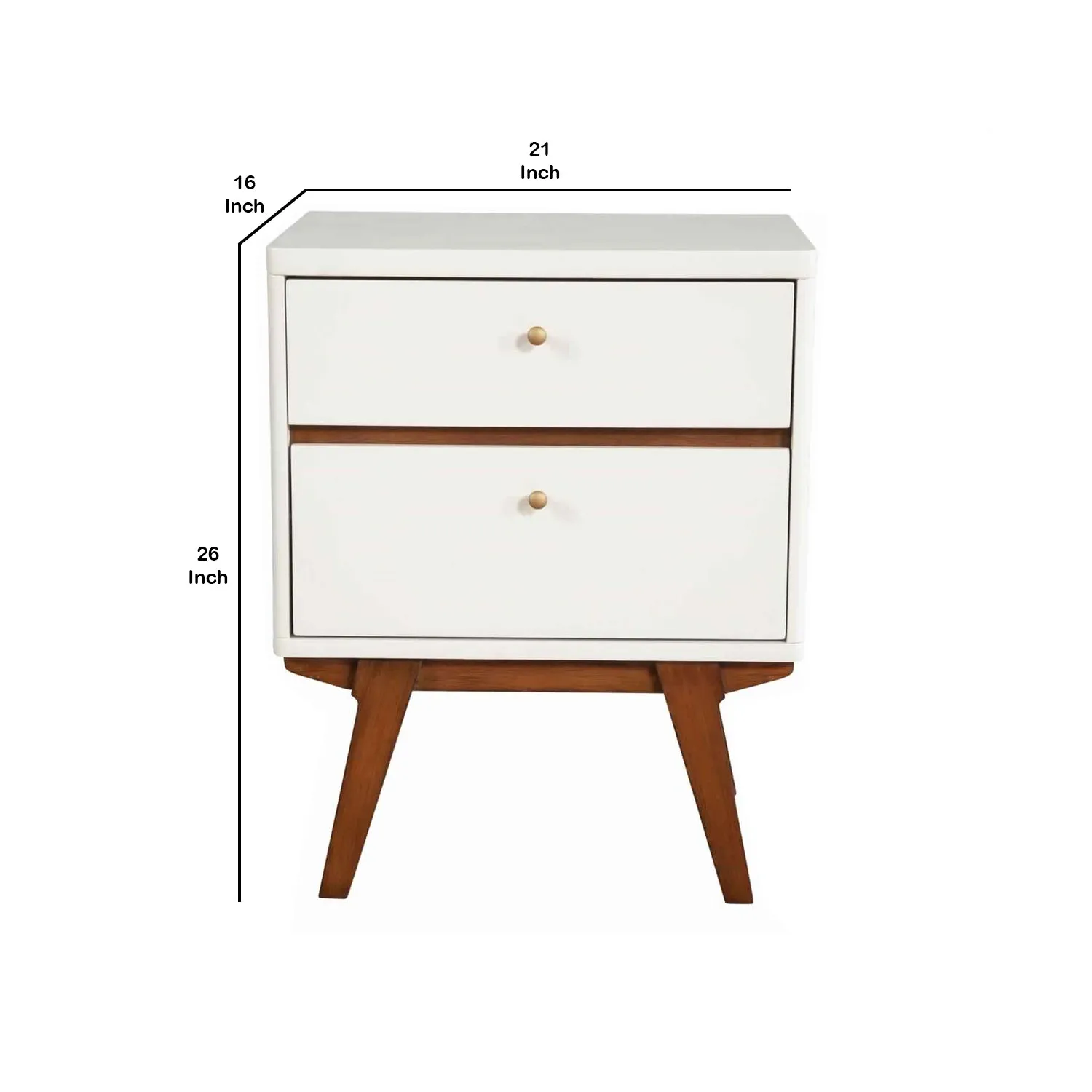 2 Drawer Wooden Nightstand With Angled Legs, White And Brown By Benzara