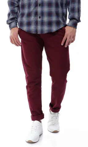 42035 Fly Zip Casual Solid Burgundy Pants