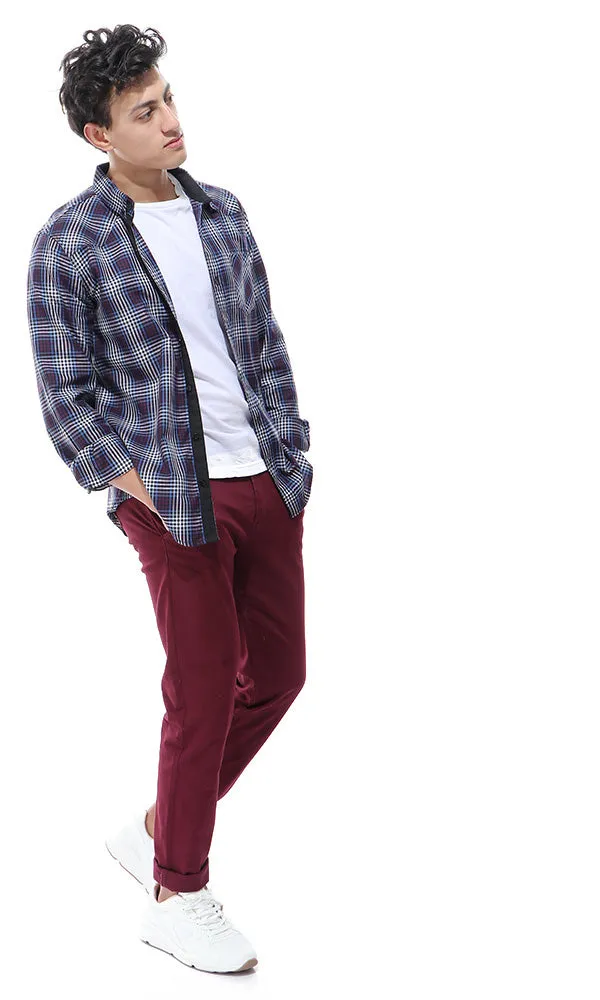 42035 Fly Zip Casual Solid Burgundy Pants