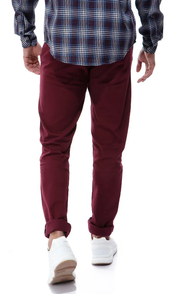 42035 Fly Zip Casual Solid Burgundy Pants