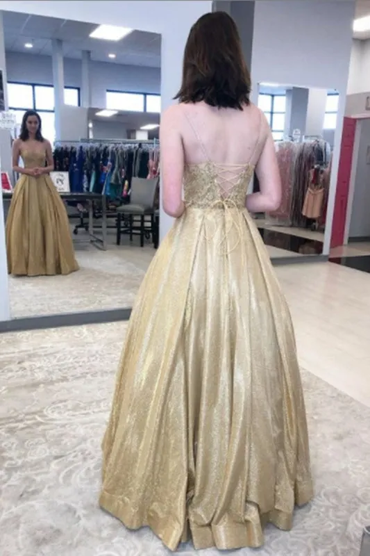 A Line V Neck Golden Lace Long Prom, Shiny Open Back Golden Lace Formal Evening