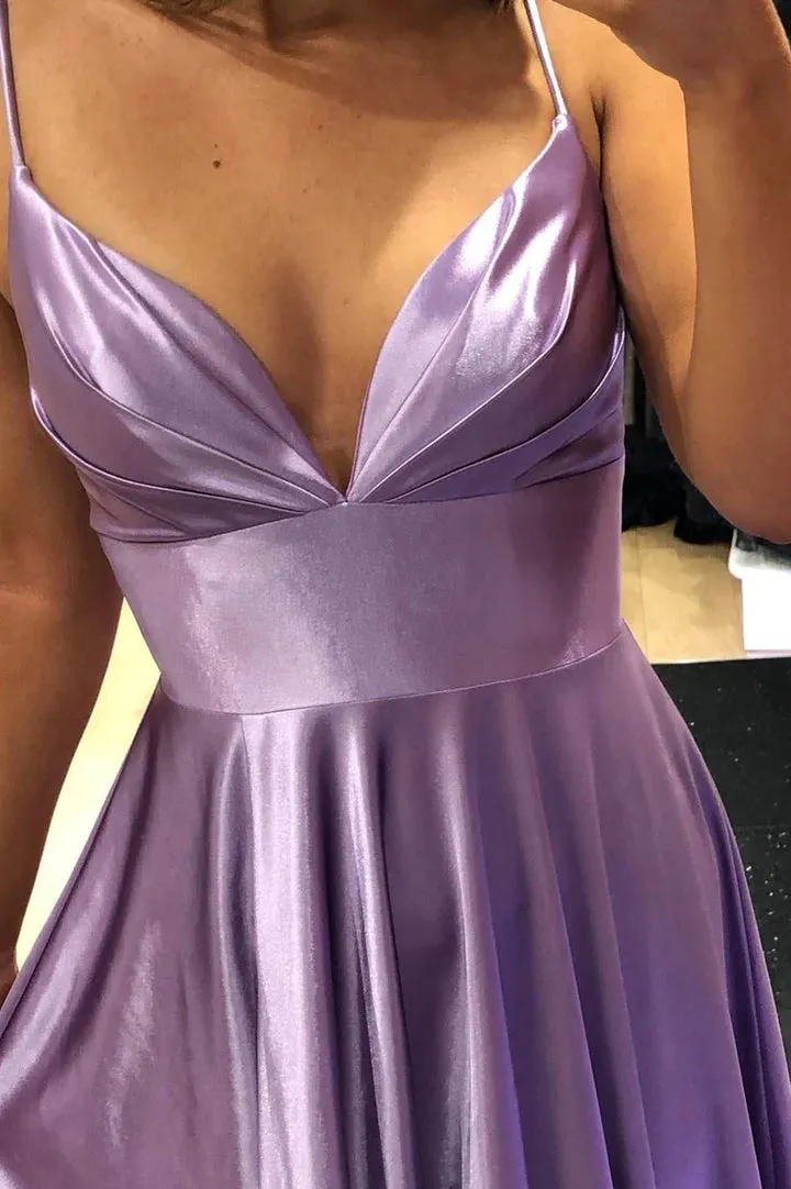 A Line V Neck Purple Prom Dress with Slit, Purple Long Formal Evening Dress