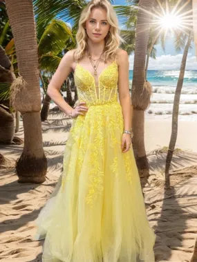 A Line V Neck Yellow Lace Long Prom Dresses, Yellow Lace Formal  Evening Dresses