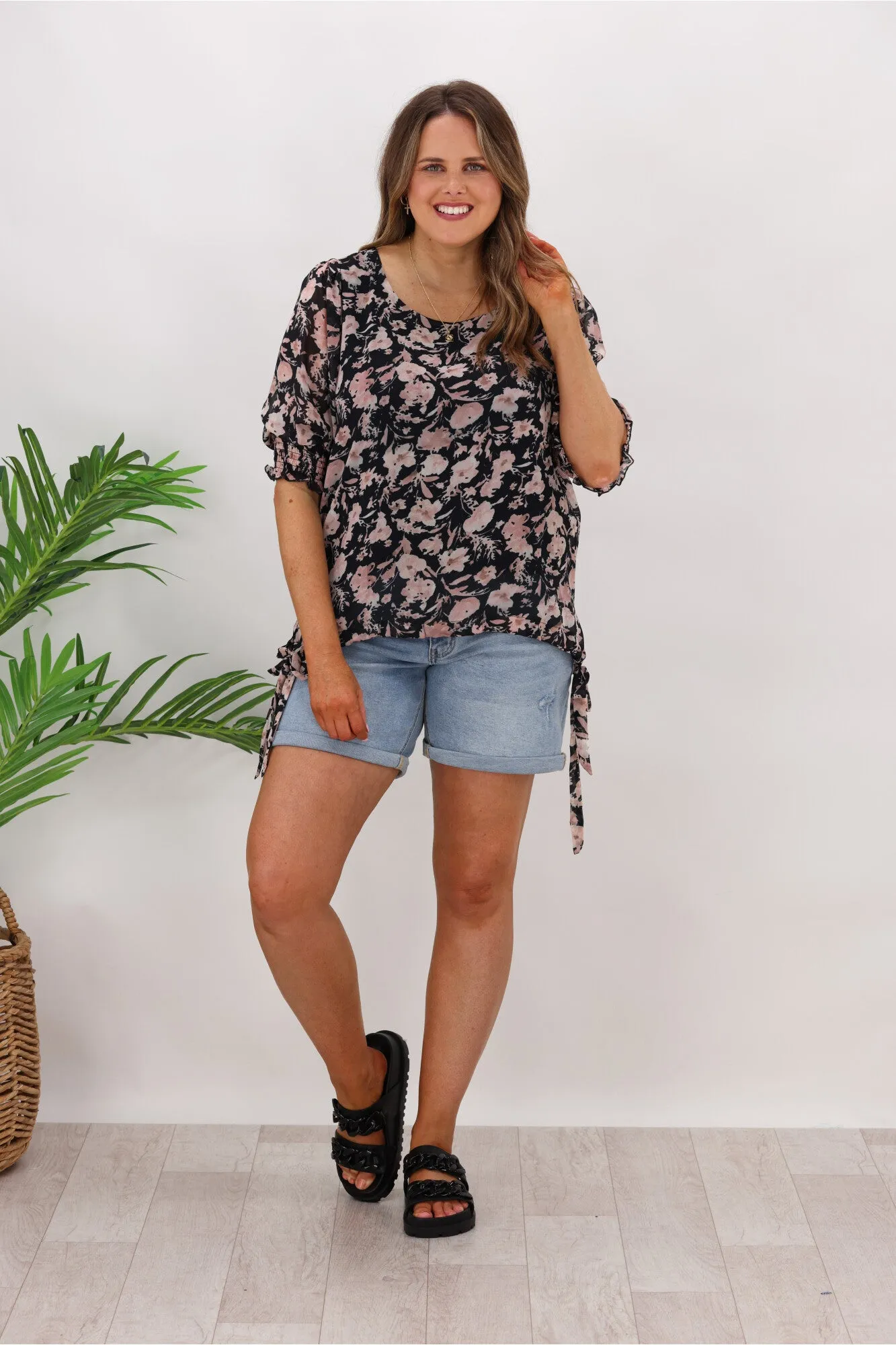 AE Luxe Side Ribbon Chiffon Floral Top Black