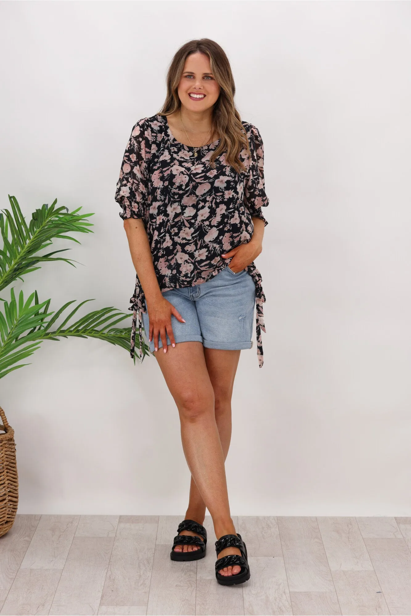 AE Luxe Side Ribbon Chiffon Floral Top Black