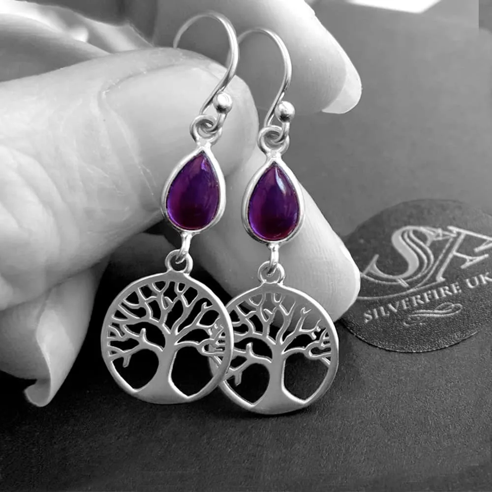 Amethyst Teardrop Tree Of Life Earrings