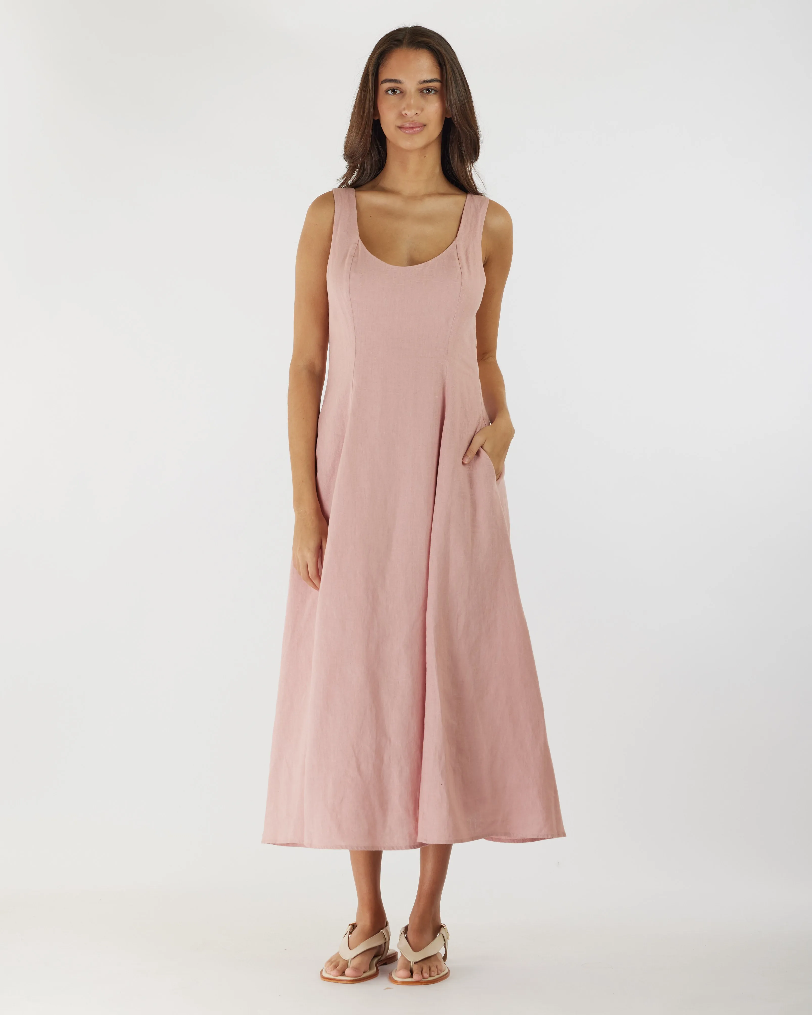 Anna Panelled Linen Midi Dress - Peony