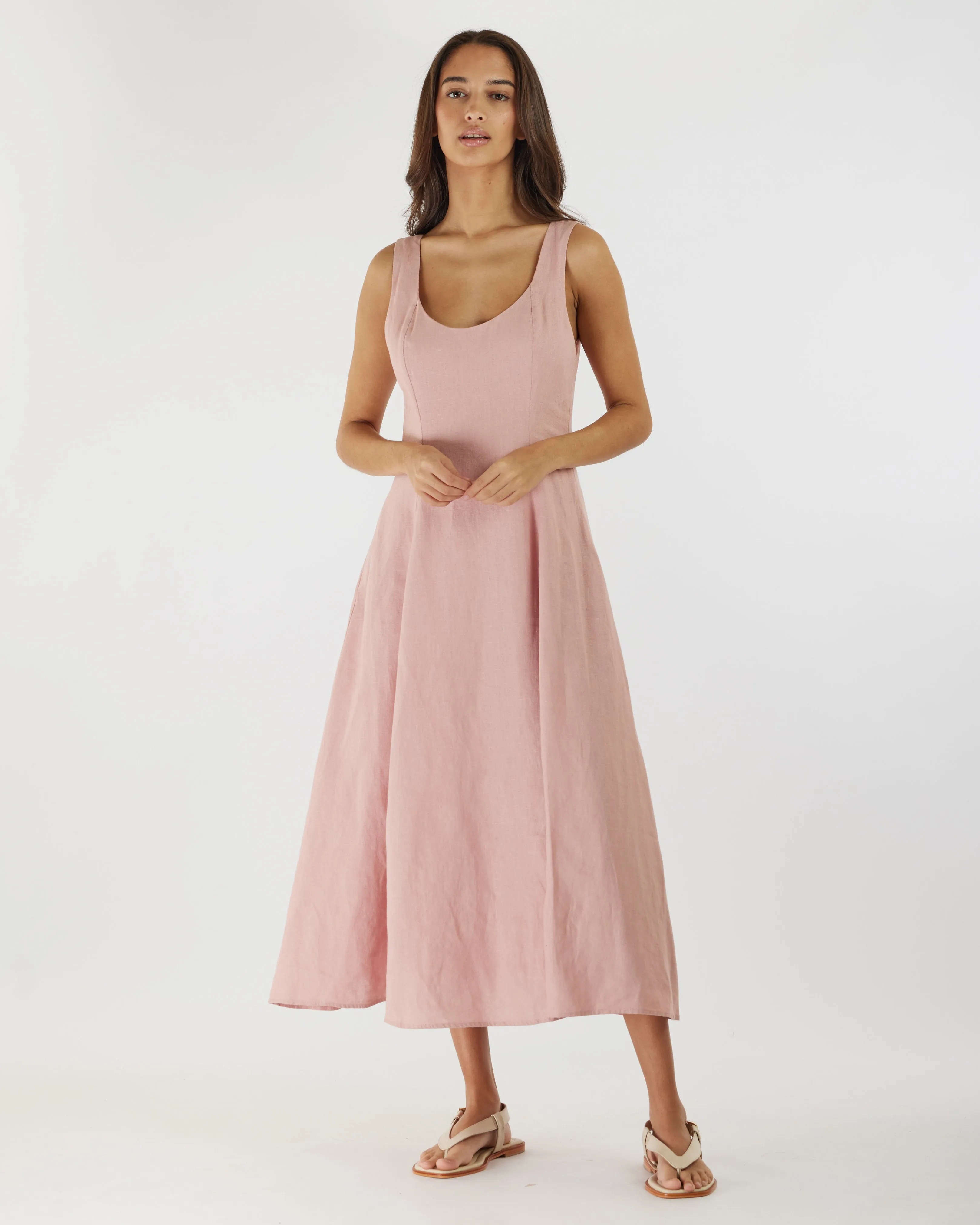 Anna Panelled Linen Midi Dress - Peony