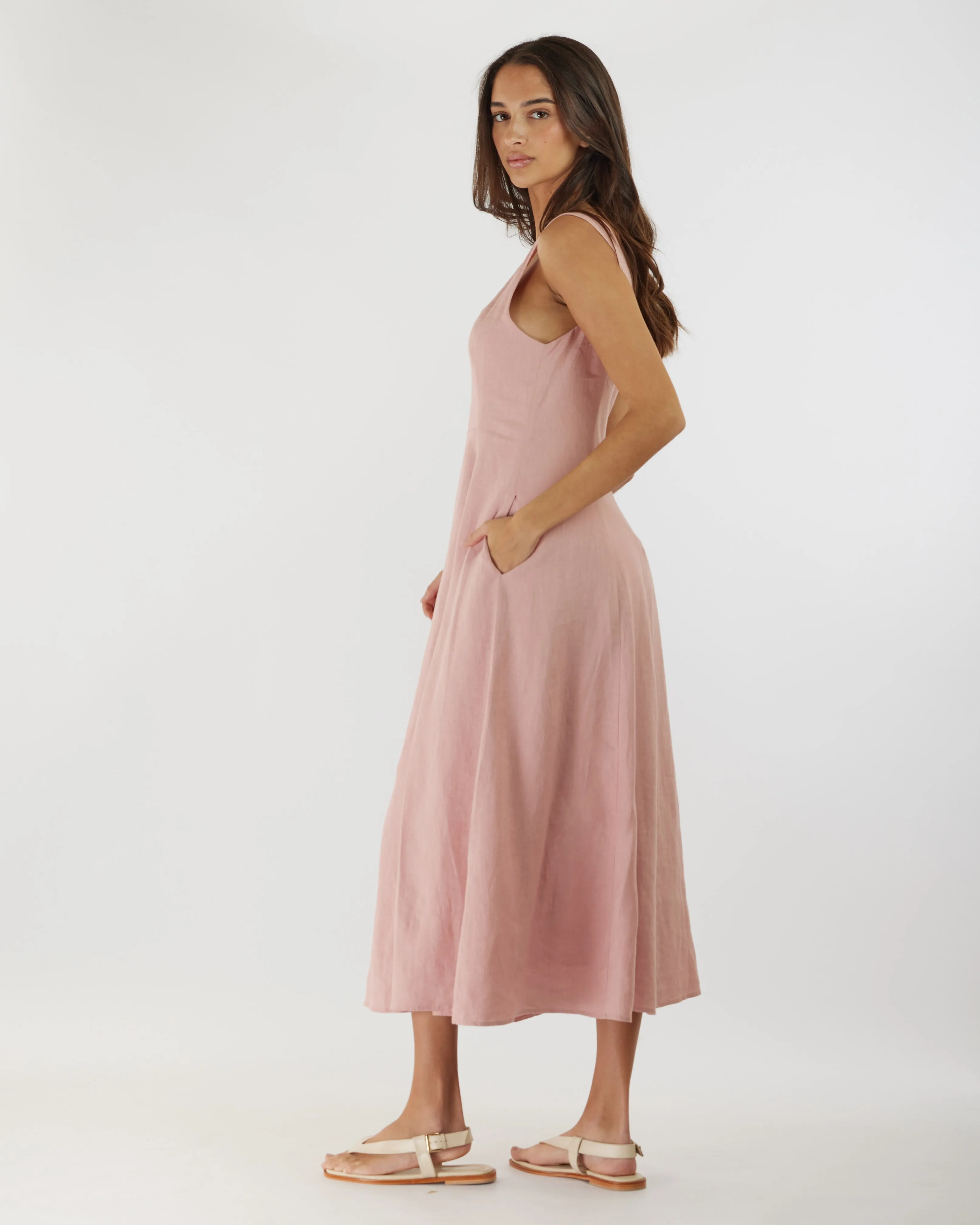 Anna Panelled Linen Midi Dress - Peony