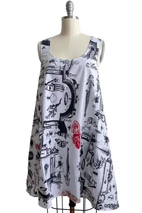 Apron Dress in Cotton - Alquimie Print - B&W w/ Red Accents