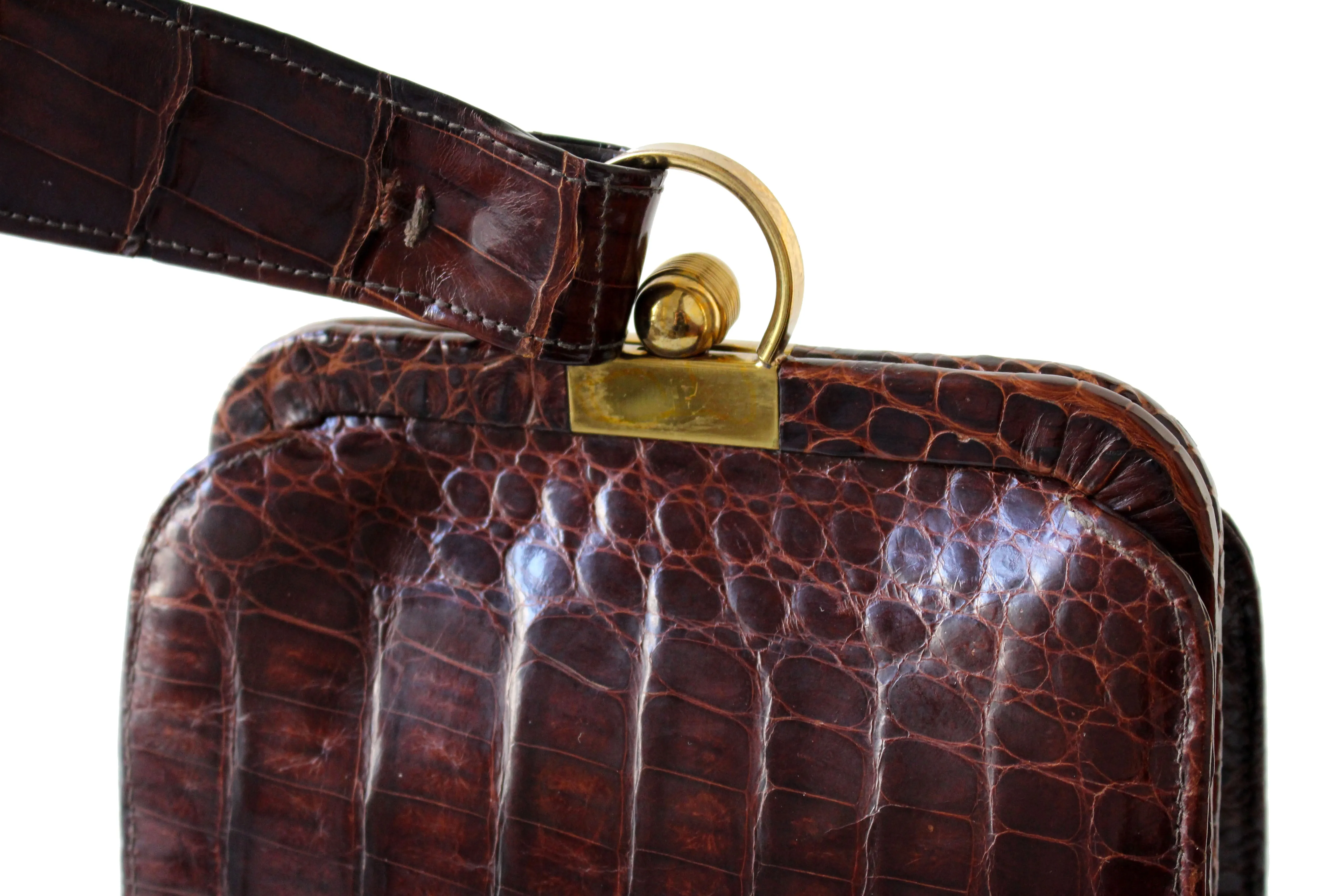 Art deco chocolate brown crocodile skin clutch