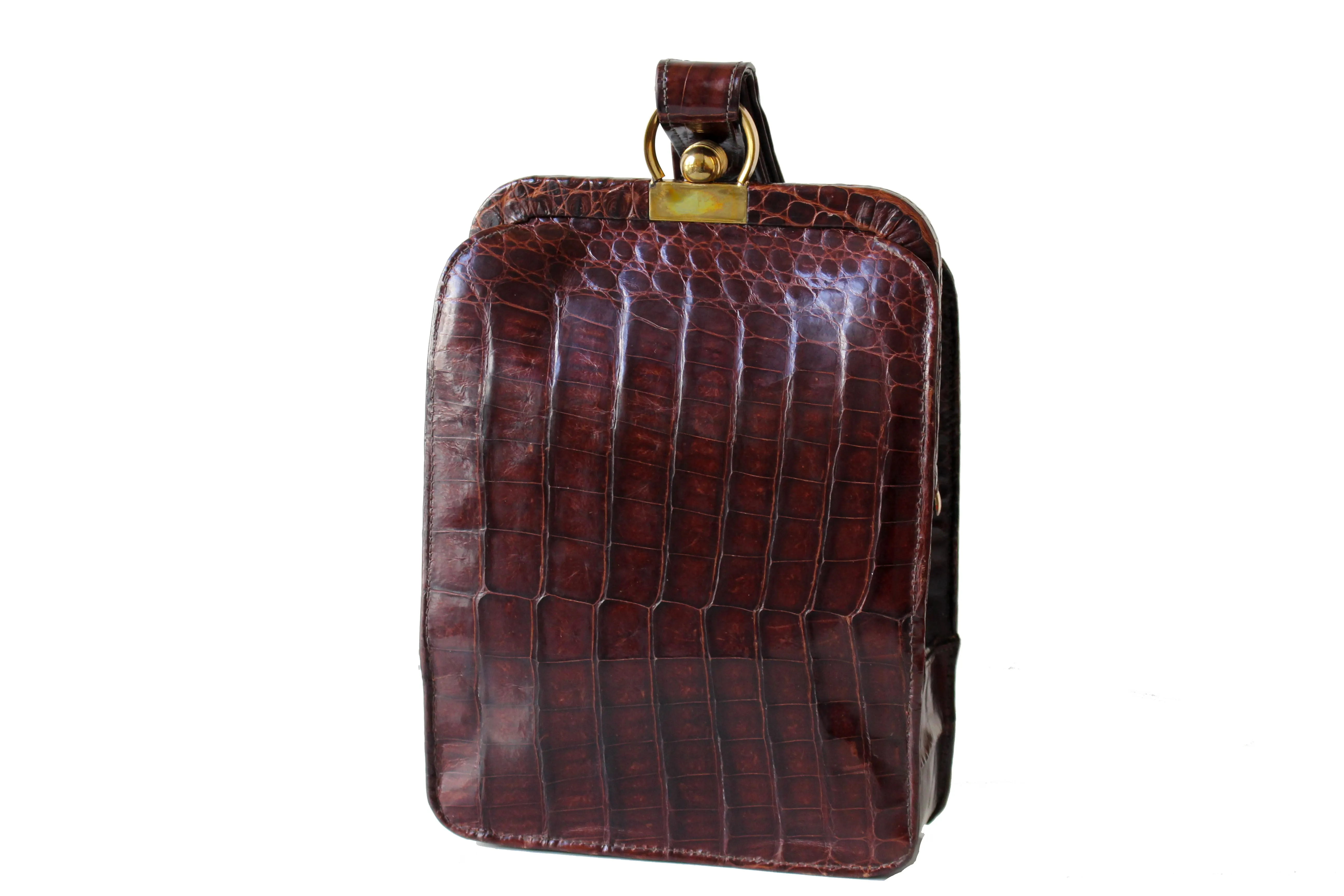 Art deco chocolate brown crocodile skin clutch