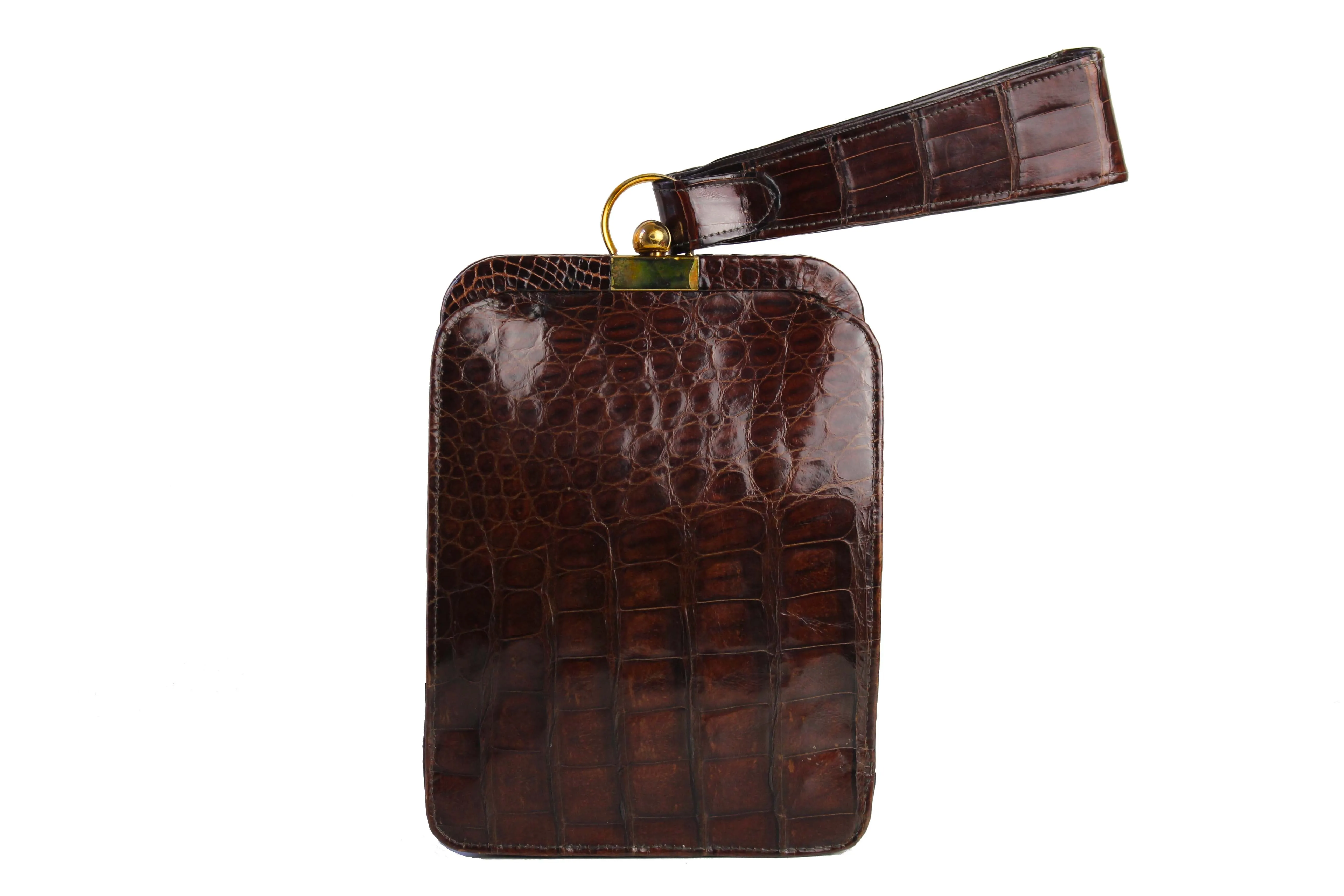 Art deco chocolate brown crocodile skin clutch