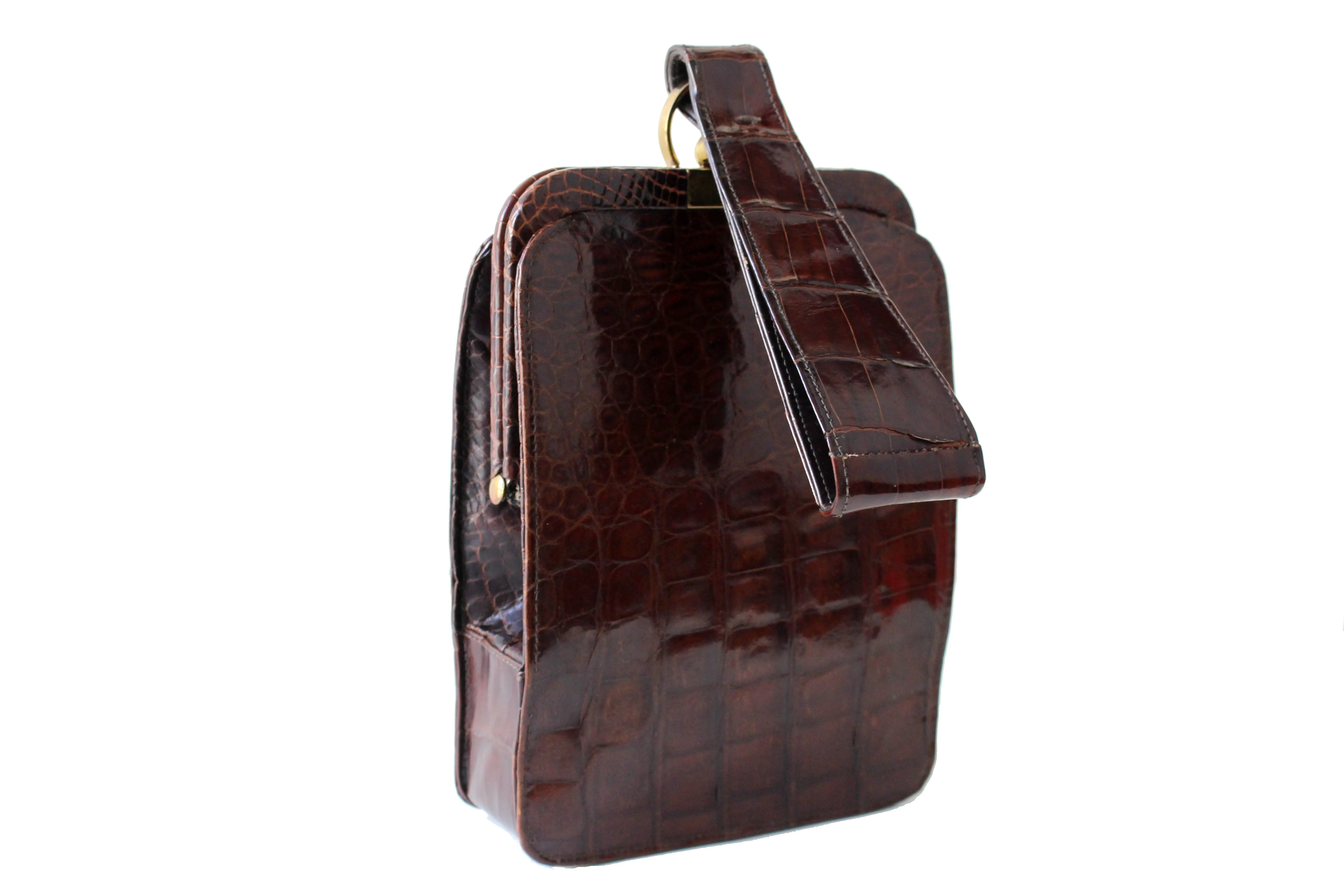 Art deco chocolate brown crocodile skin clutch