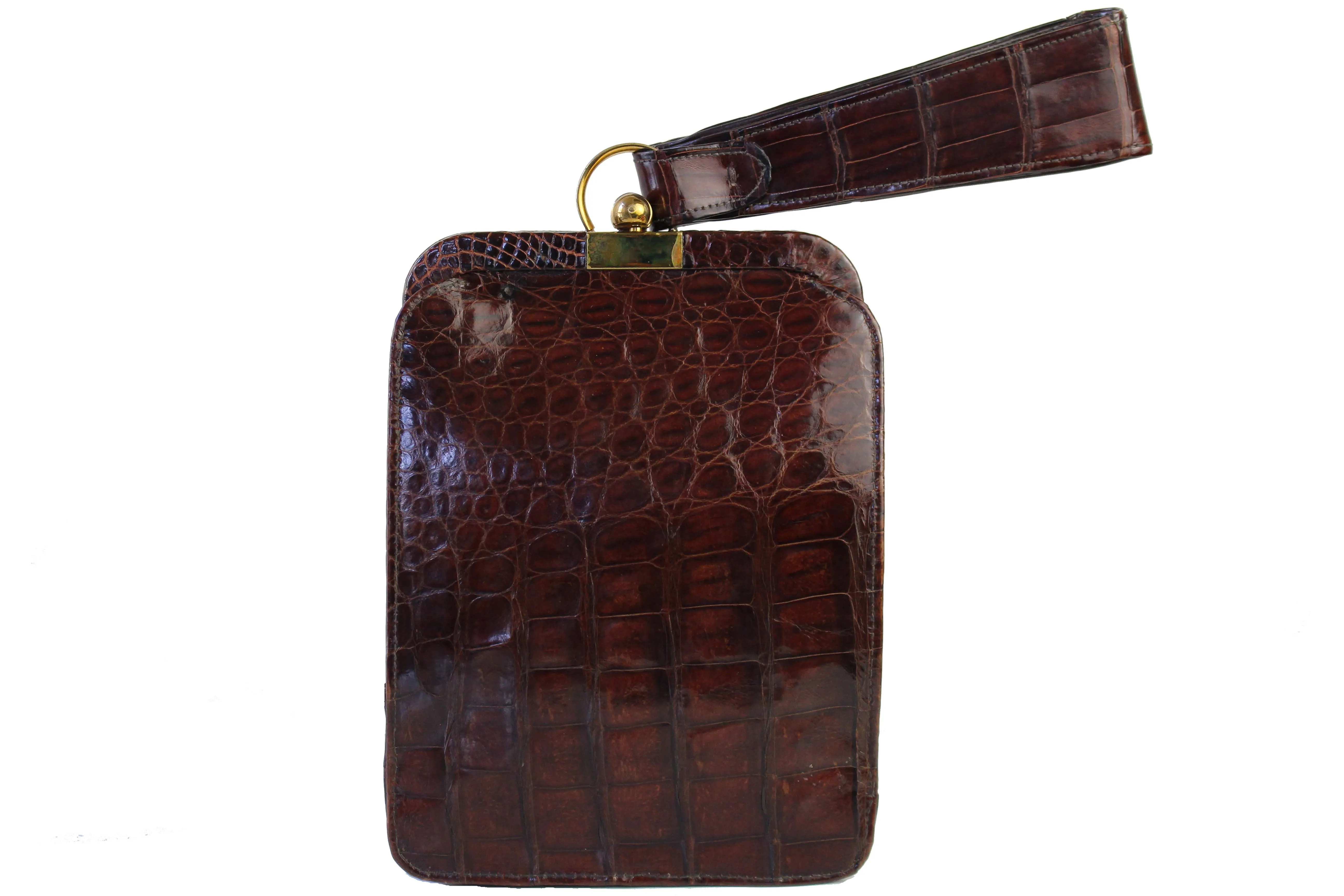 Art deco chocolate brown crocodile skin clutch