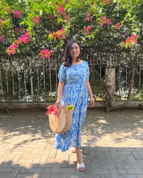 Azure Floral Tiered Cotton Maxi Dress