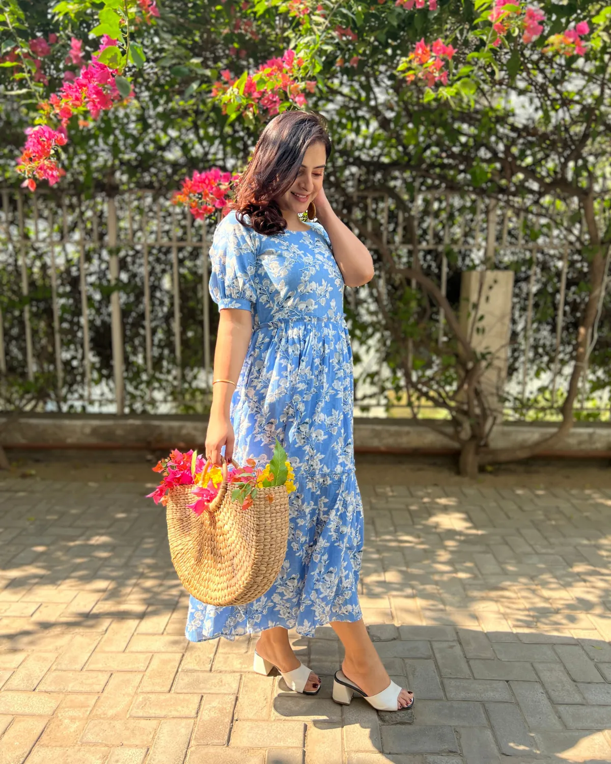 Azure Floral Tiered Cotton Maxi Dress