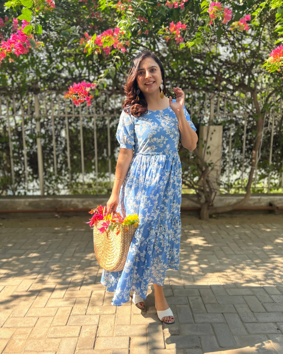 Azure Floral Tiered Cotton Maxi Dress