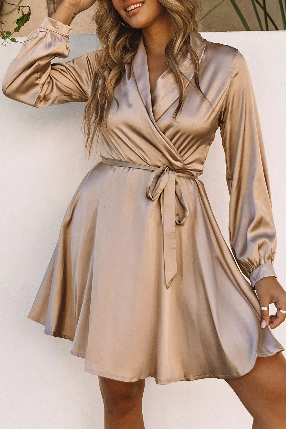 Beige Satin V Neck Wrap Long Sleeve Dress