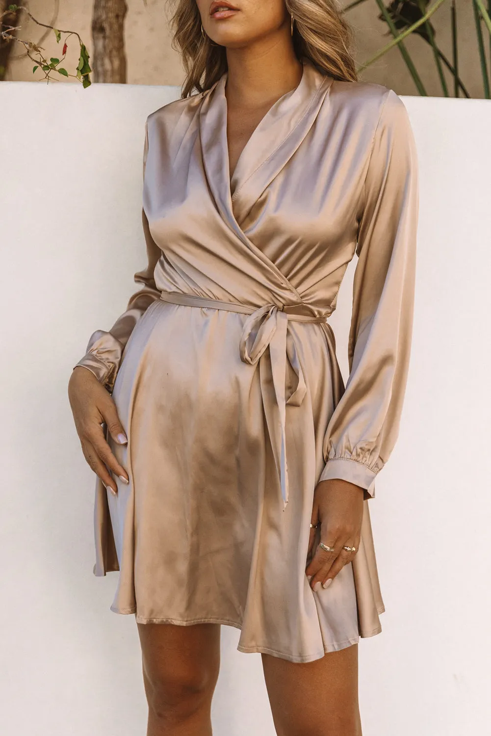 Beige Satin V Neck Wrap Long Sleeve Dress