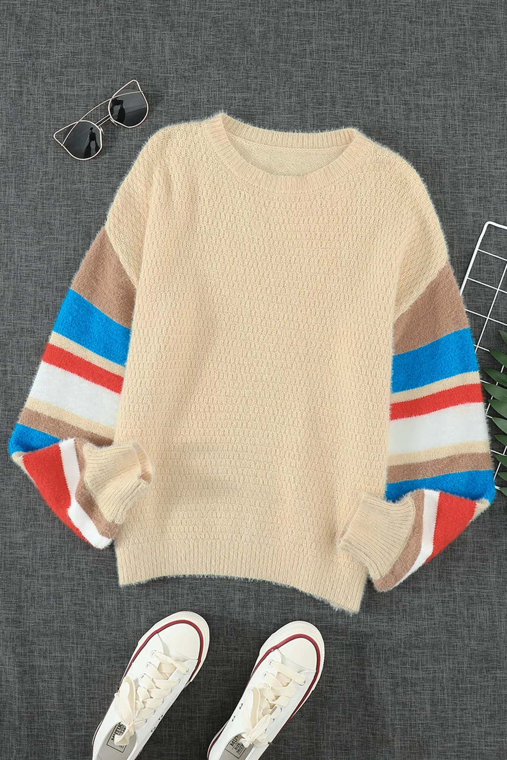 Beige Striped Color Block Winter Sweater