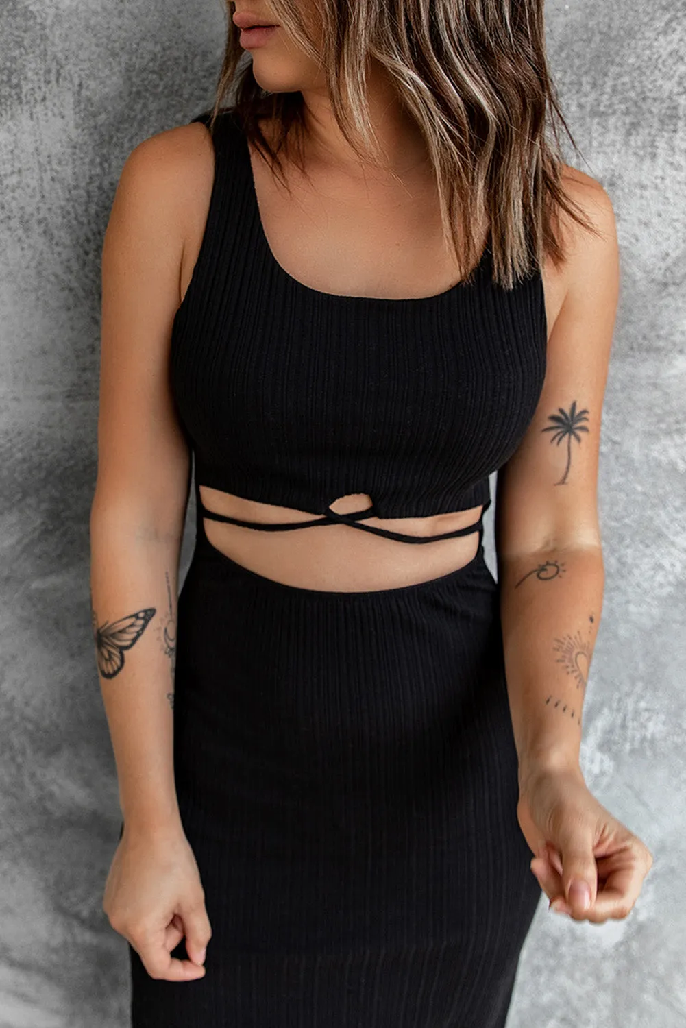 Black Criss Cross Cut-Out Slits Midi Dress