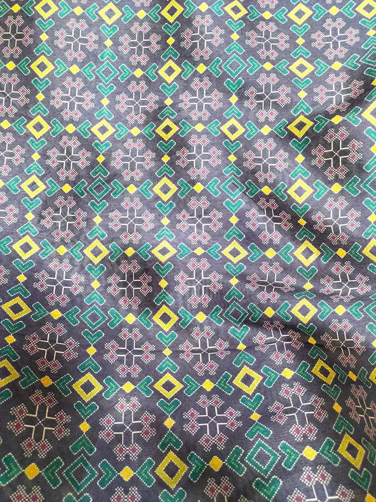 Black Digital Printed Tussar Silk Patola Design Fabric ( 1 Mtr )