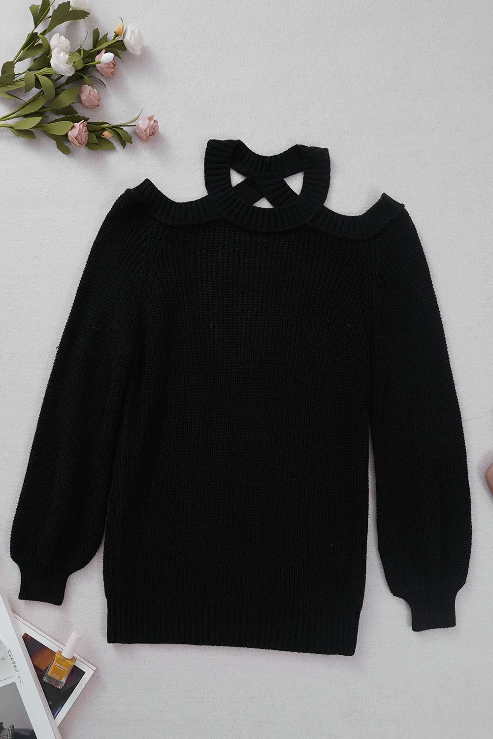 Black Halter Neck Cold Shoulder Ribbed Sweater