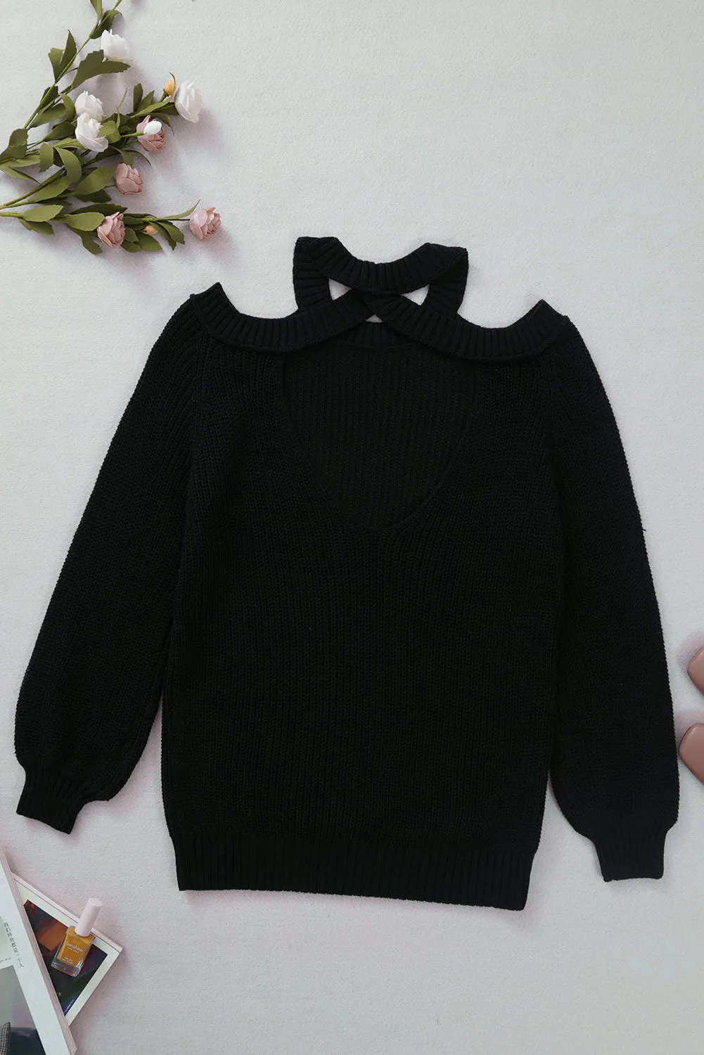 Black Halter Neck Cold Shoulder Ribbed Sweater