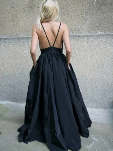 Black Sexy Backless Deep V Neck A-line Long Evening Prom Dresses, 17597