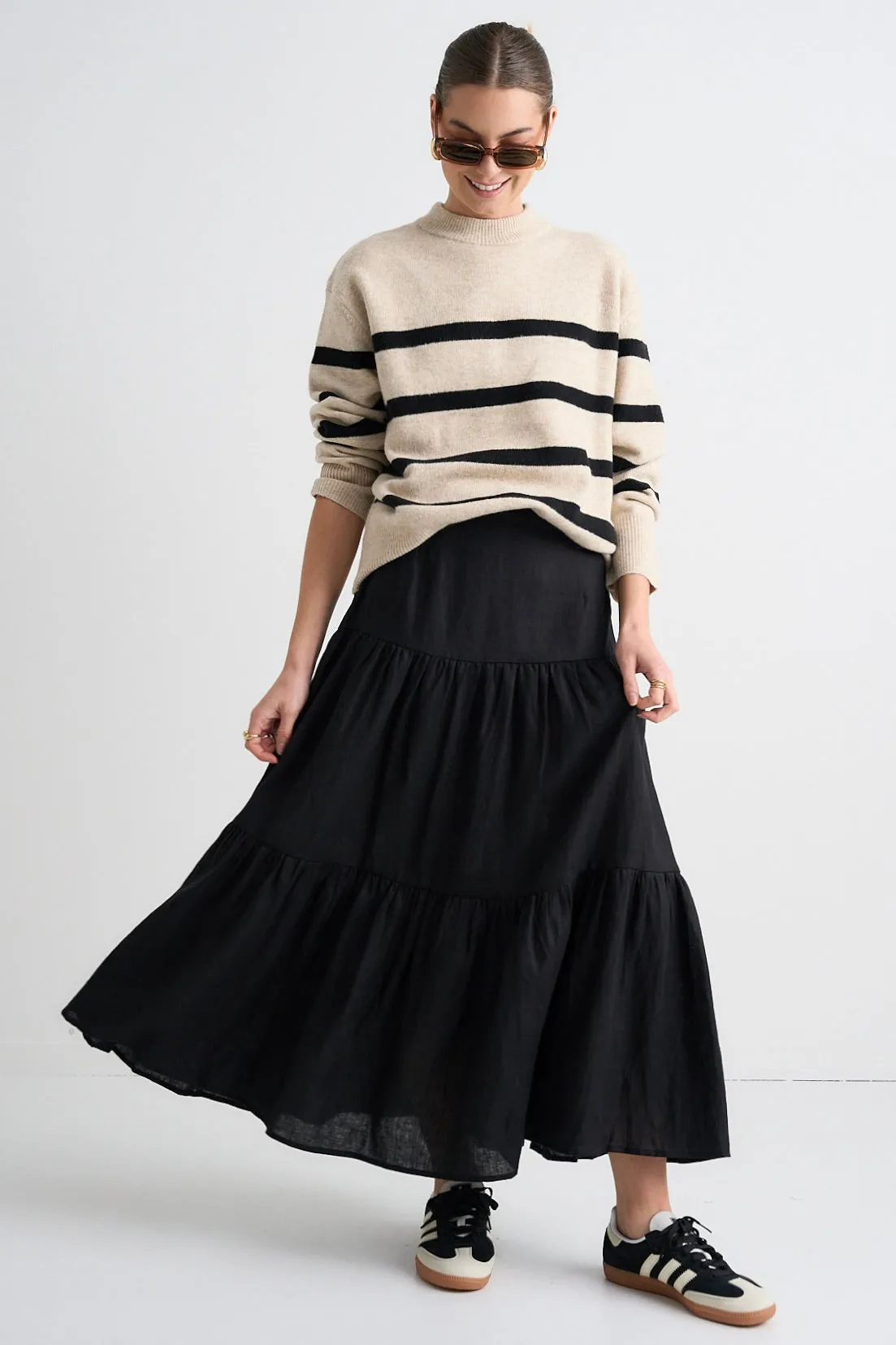 Blazing Black Tiered Linen Midi Skirt