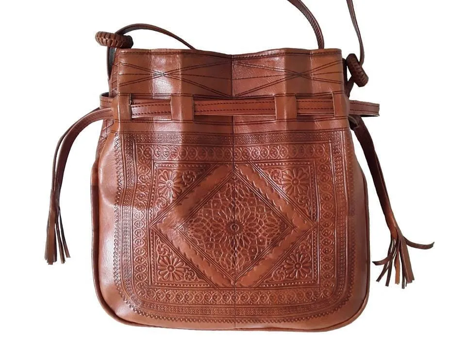 Bohemian Morocco Leather Bag - Embroidered - Caramel