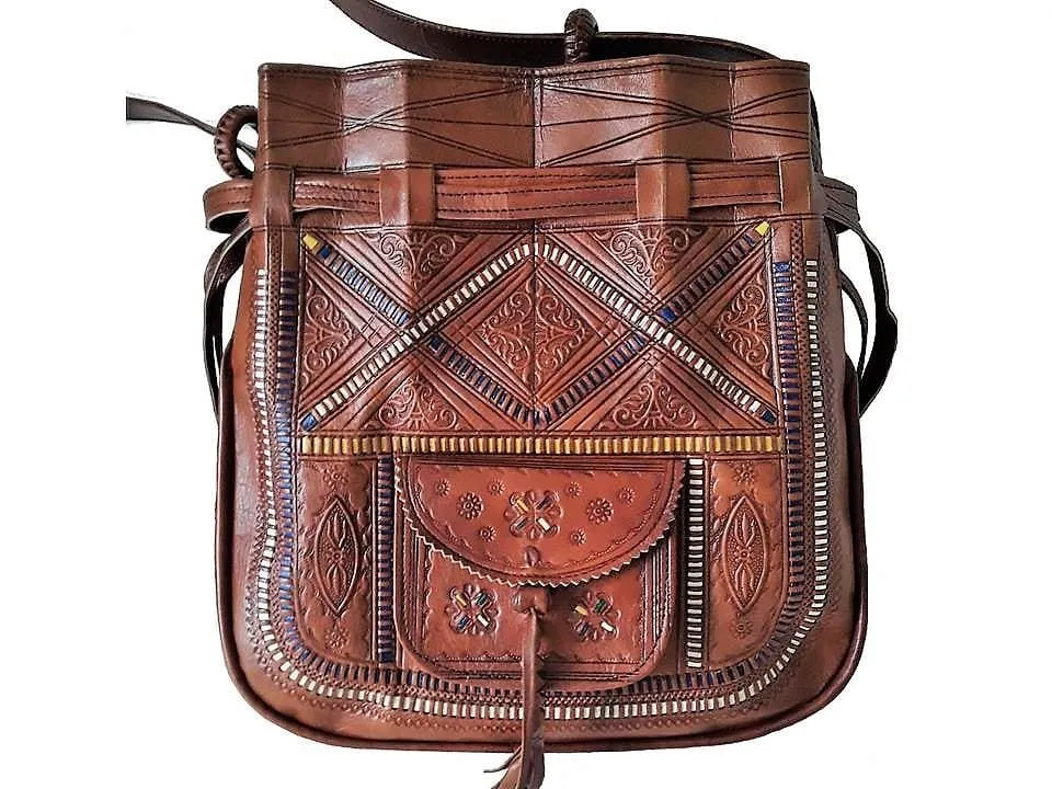 Bohemian Morocco Leather Bag - Embroidered - Caramel