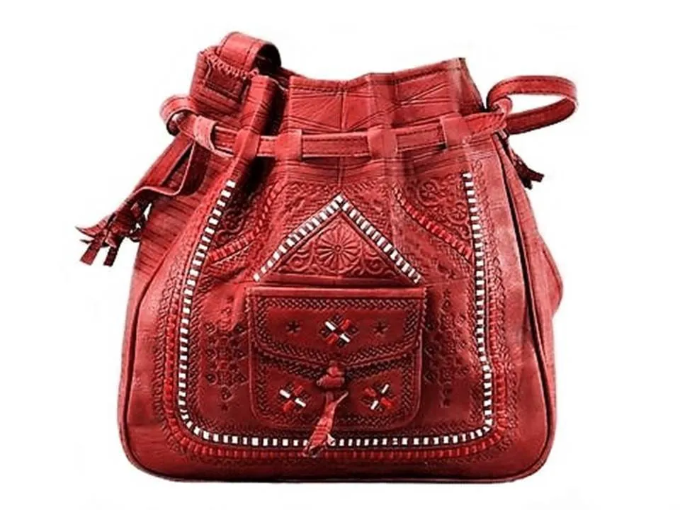 Bohemian Morocco Leather Bag - Embroidered - Red