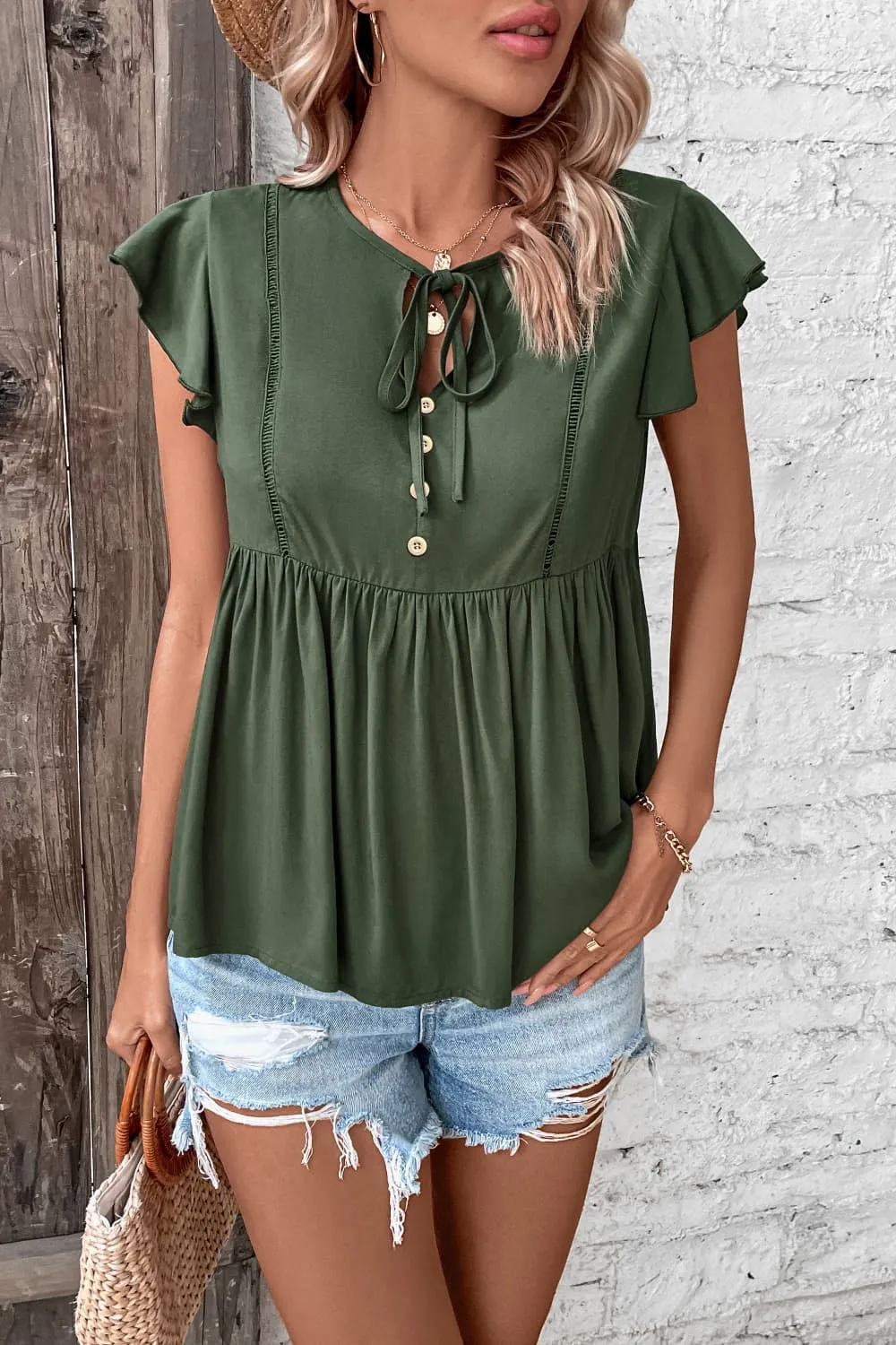 Buttoned Tie Neck Flutter Sleeve Babydoll Top