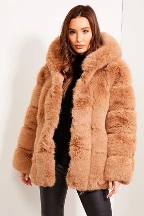 Camel Faux Fur Panelled Hooded Coat