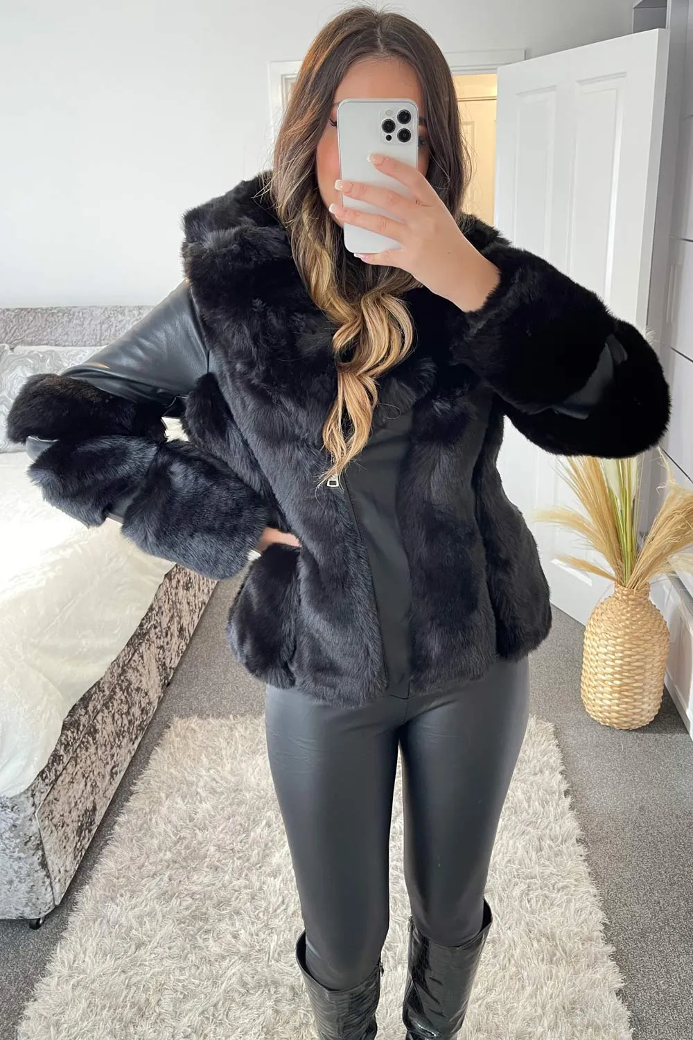 Carmel Black PU Faux Leather Faux Fur Coat