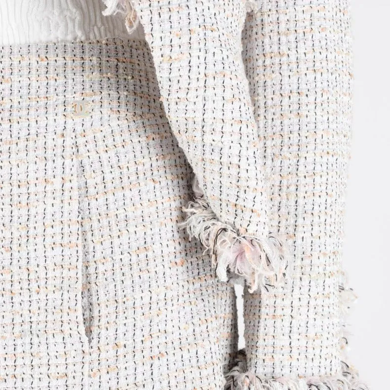 Chanel Pastel Fantasy Tweed Fringed Skirt Suit FR 42