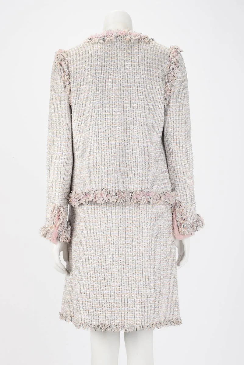 Chanel Pastel Fantasy Tweed Fringed Skirt Suit FR 42