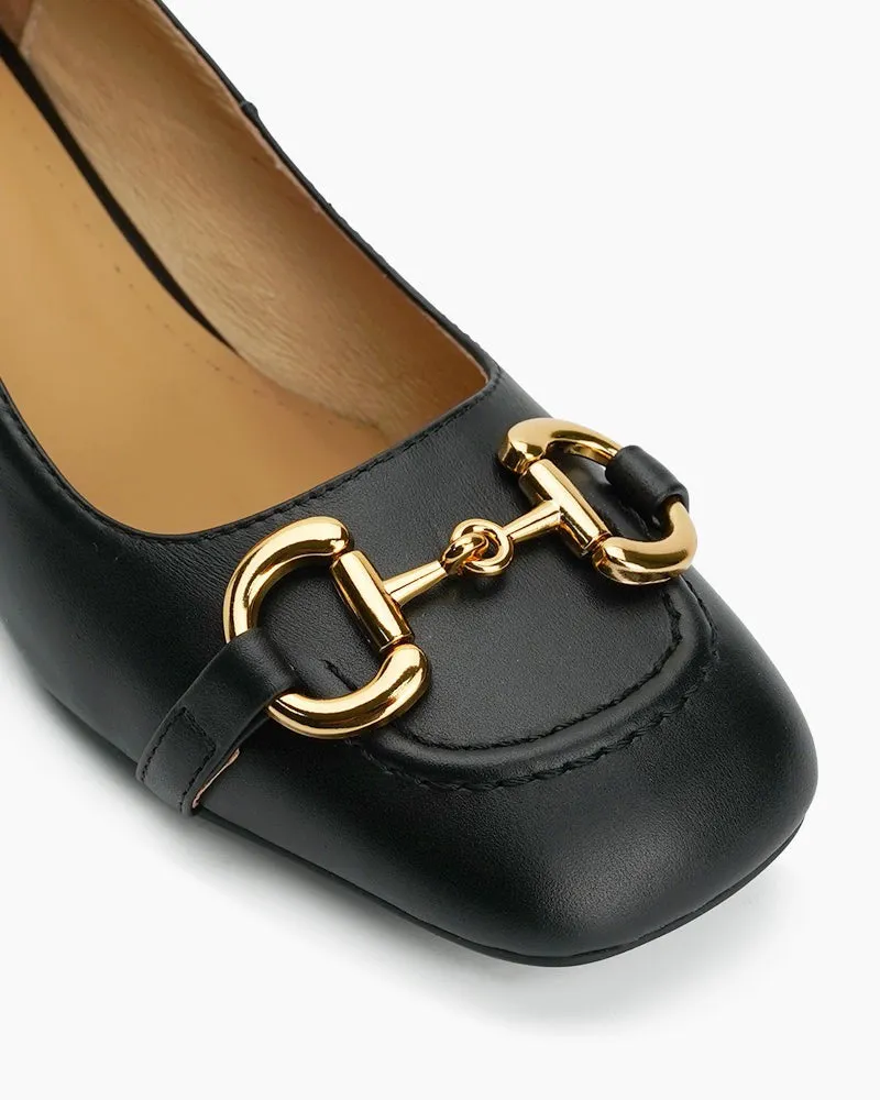 Classic Metal Buckle Mid Heel Shallow Mouth Loafers