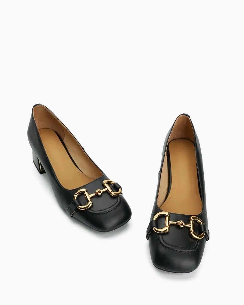 Classic Metal Buckle Mid Heel Shallow Mouth Loafers