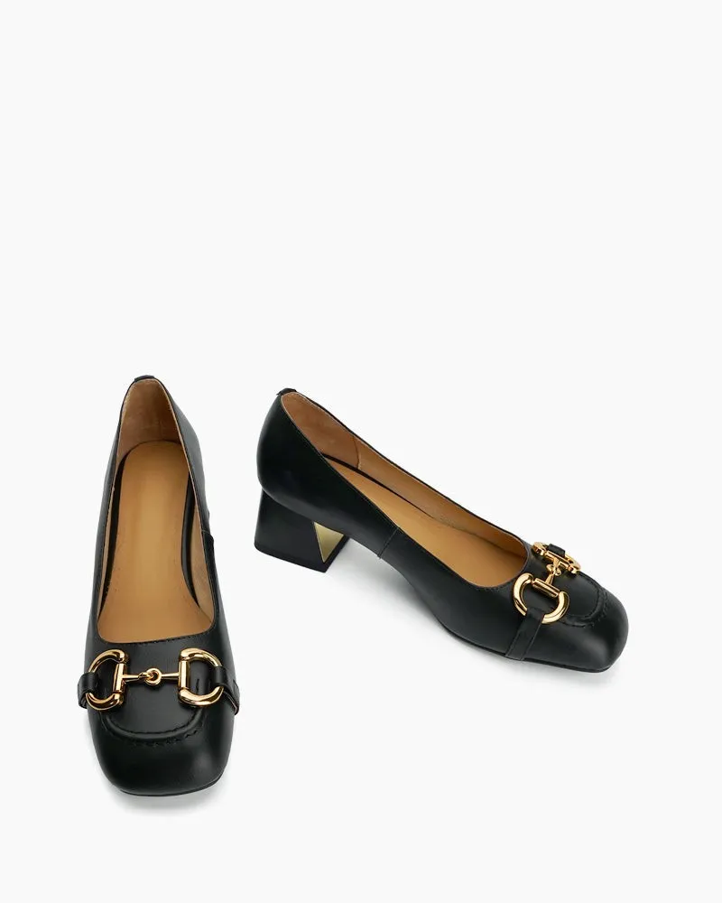 Classic Metal Buckle Mid Heel Shallow Mouth Loafers