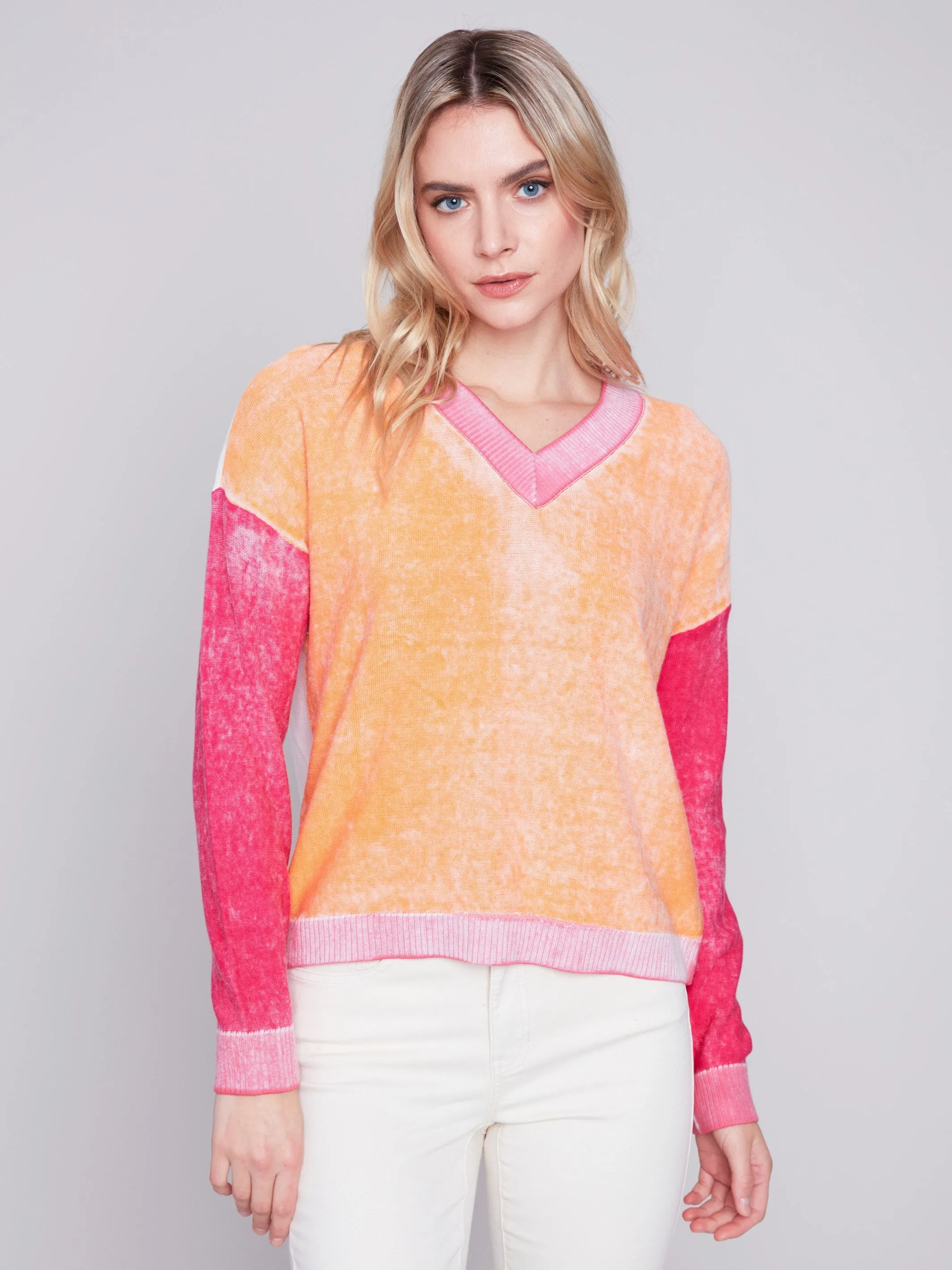 Color Block Cotton Sweater - Tangerine