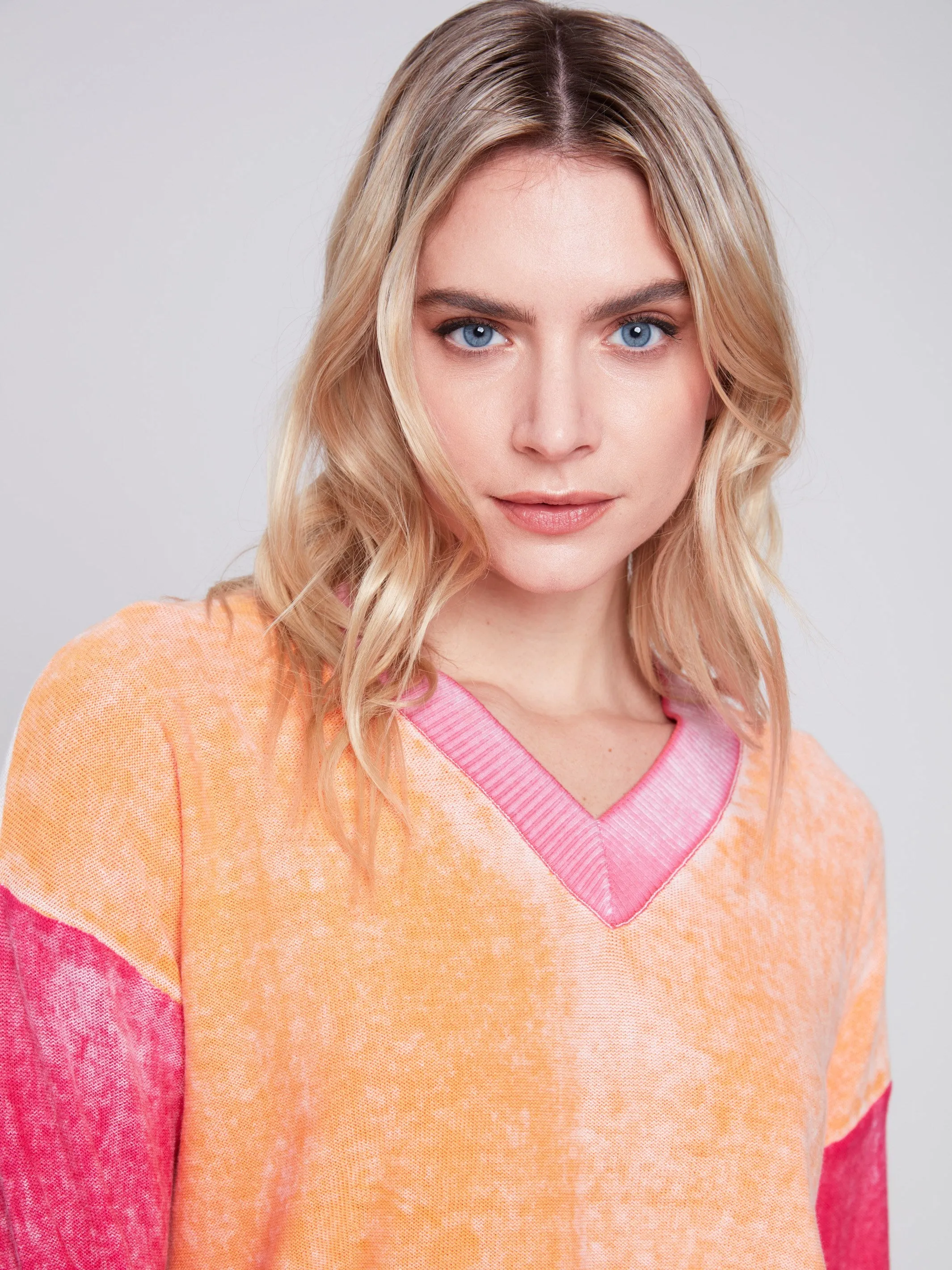 Color Block Cotton Sweater - Tangerine