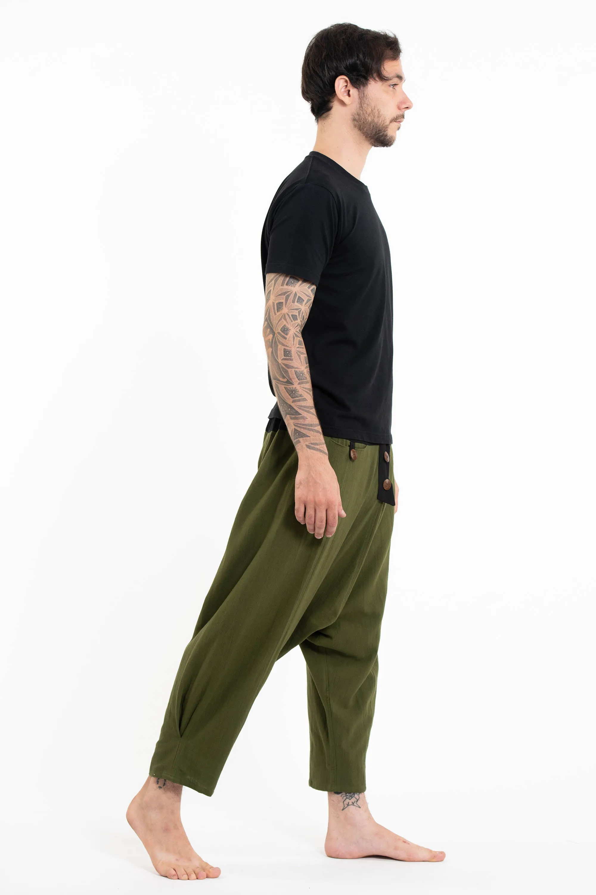 Cotton Men's Harem Pants with Faux Buttons in Green