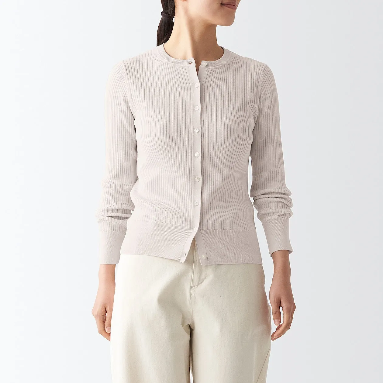 Cotton Silk Ribbed Crewneck Cardigan